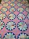 Vtg Cutter Quilt Dresden Plate Flower 73x77 Hand Quilted Pink Great Old Fabric