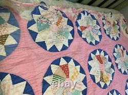 Vtg Cutter Quilt Dresden Plate Flower 73x77 Hand Quilted Pink Great Old Fabric