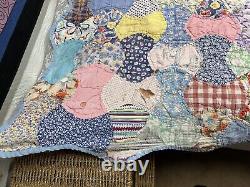 Vtg Distressed Apple Core Bow Tie Hand Sewn Quilt Multicolor Feedsack 70x87