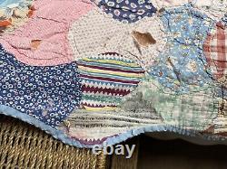 Vtg Distressed Apple Core Bow Tie Hand Sewn Quilt Multicolor Feedsack 70x87