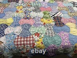 Vtg Distressed Apple Core Bow Tie Hand Sewn Quilt Multicolor Feedsack 70x87