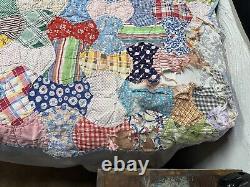 Vtg Distressed Apple Core Bow Tie Hand Sewn Quilt Multicolor Feedsack 70x87