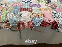 Vtg Distressed Apple Core Bow Tie Hand Sewn Quilt Multicolor Feedsack 70x87