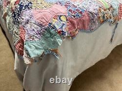 Vtg Distressed Apple Core Bow Tie Hand Sewn Quilt Multicolor Feedsack 70x87