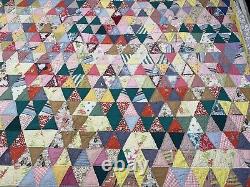 Vtg Distressed Multicolor Patchwork Scrappy Triangles Quilt 69x82 Hand Sewn