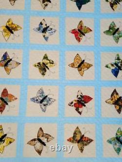 Vtg Embroidered Barkcloth Applique Colorful Windowpane Butterfly Quilt 84x90