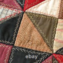 Vtg Embroidered Pinwheel Quilt Twin/Full Cotton Wool Velvet Cutter Red Tan