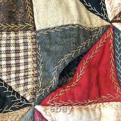 Vtg Embroidered Pinwheel Quilt Twin/Full Cotton Wool Velvet Cutter Red Tan
