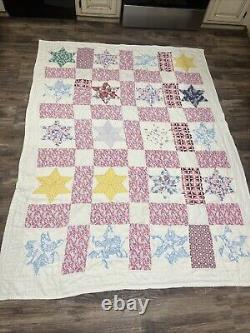 Vtg Feed Sack Star Quilt Hand Stitched 79x60 squares