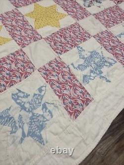 Vtg Feed Sack Star Quilt Hand Stitched 79x60 squares