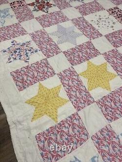 Vtg Feed Sack Star Quilt Hand Stitched 79x60 squares