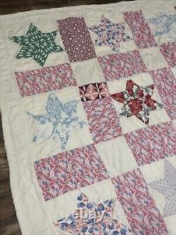 Vtg Feed Sack Star Quilt Hand Stitched 79x60 squares