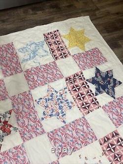 Vtg Feed Sack Star Quilt Hand Stitched 79x60 squares