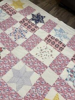 Vtg Feed Sack Star Quilt Hand Stitched 79x60 squares