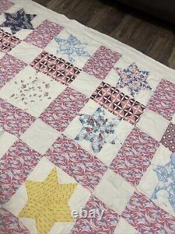 Vtg Feed Sack Star Quilt Hand Stitched 79x60 squares