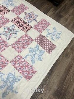 Vtg Feed Sack Star Quilt Hand Stitched 79x60 squares