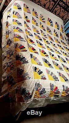 Vtg Floursack Quilt Top Fan Pattern Hand-Pieced Blocks joined by machine 96x84