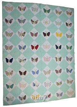 Vtg Green Check Patchwork Butterfly Applique Quilt Blanket Queen Spread 86 x 64