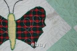Vtg Green Check Patchwork Butterfly Applique Quilt Blanket Queen Spread 86 x 64