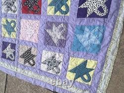 Vtg Hand Made Flower Basket Quilt Purple Hand Sewn quilted cotton floral prinl