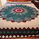 Vtg Hand Quilted Queen Patchwork Quilt Green And Burgundy Dahlia Flower Star