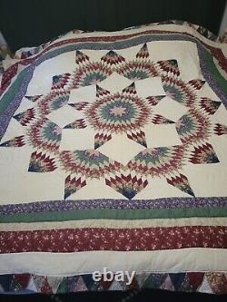 Vtg Hand Quilted Quilt King Size 89x100 Star Pattern Floral Print Country Farm