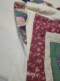 Vtg Hand Quilted Quilt King Size 89x100 Star Pattern Floral Print Country Farm