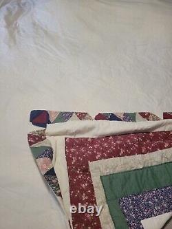 Vtg Hand Quilted Quilt King Size 89x100 Star Pattern Floral Print Country Farm