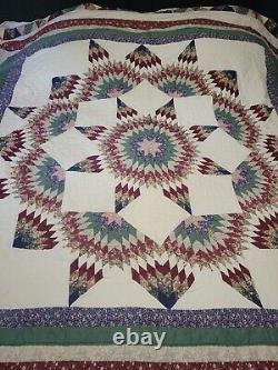 Vtg Hand Quilted Quilt King Size 89x100 Star Pattern Floral Print Country Farm