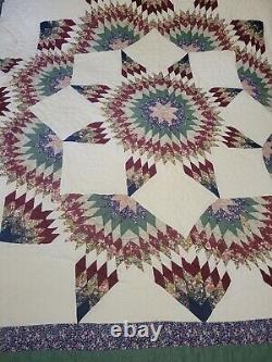 Vtg Hand Quilted Quilt King Size 89x100 Star Pattern Floral Print Country Farm