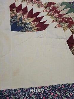 Vtg Hand Quilted Quilt King Size 89x100 Star Pattern Floral Print Country Farm