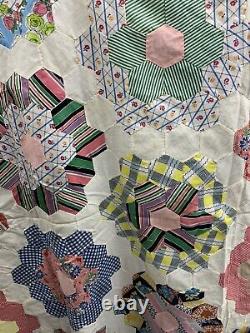 Vtg Hand Sewn Quilt Top Unfinished Hexagon Grandmothers Flower Garden 84x67