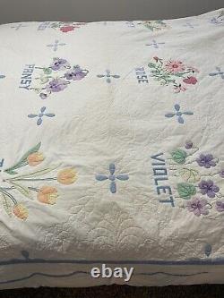 Vtg Hand Stitched, Appliqued & Embroidered Flowers Names Quilt Scalloped 74x90
