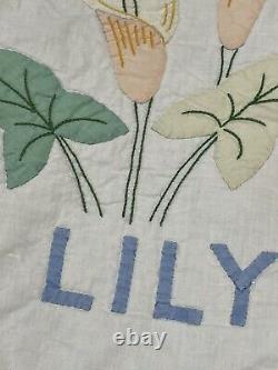 Vtg Hand Stitched, Appliqued & Embroidered Flowers Names Quilt Scalloped 74x90