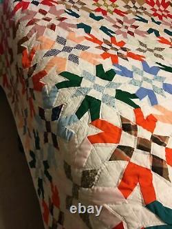 Vtg Hand Stitched Colorful Queen/King Patchwork Quilt 90 x 99 Cotton Blend
