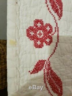 Vtg Hand made Cross Stitch Quilt flower garden 92 x77
