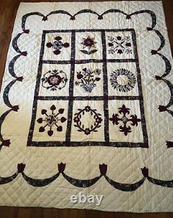 Vtg Handmade Amish Quilt Maroon Hearts Floral Square Pattern Patchwork 64x82