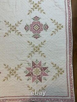 Vtg Handmade Cross Stitched EMBROIDERED QUILTS (2) Twin SIngle Gold Pink 64x 87