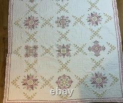 Vtg Handmade Cross Stitched EMBROIDERED QUILTS (2) Twin SIngle Gold Pink 64x 87