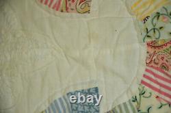 Vtg Handmade Double Wedding Ring Quilt 86x98 Lace Applique Handsewn w Provenance