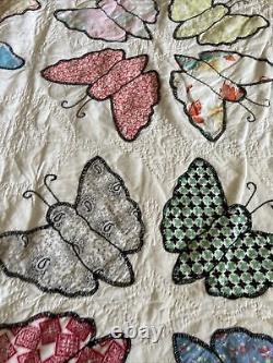 Vtg Handmade Embroidered Edge Appliqué Butterfly Quilt 70 By 81