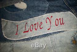 Vtg Handmade Embroidered'I Love You' Patchwork Quilt Made of Child's Clothing