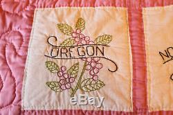Vtg Handmade Embroidered Quilt State Flowers 2 Pillow Cases Pink 69x 80 Full