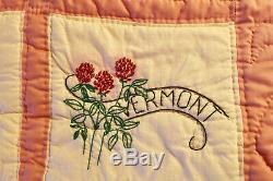 Vtg Handmade Embroidered Quilt State Flowers 2 Pillow Cases Pink 69x 80 Full