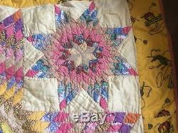 Vtg Handmade Hand Quilted 67 x 67 Twin Full Star Feedsack Horses Multicolored