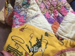 Vtg Handmade Hand Quilted 67 x 67 Twin Full Star Feedsack Horses Multicolored