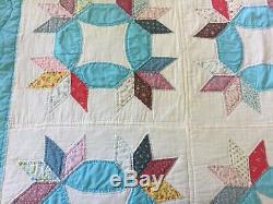 Vtg Handmade Hand Stitched KING Quilt 92 x 110 Turquoise