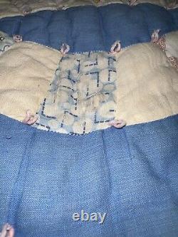 Vtg Handmade Handstitched Double Wedding Ring Patchwork Queen Blue Quilt 80x68