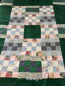 Vtg Handmade King Patchwork Quilt Coverlet Thin Bedspread Plaid Daisies Stitched
