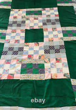 Vtg Handmade King Patchwork Quilt Coverlet Thin Bedspread Plaid Daisies Stitched